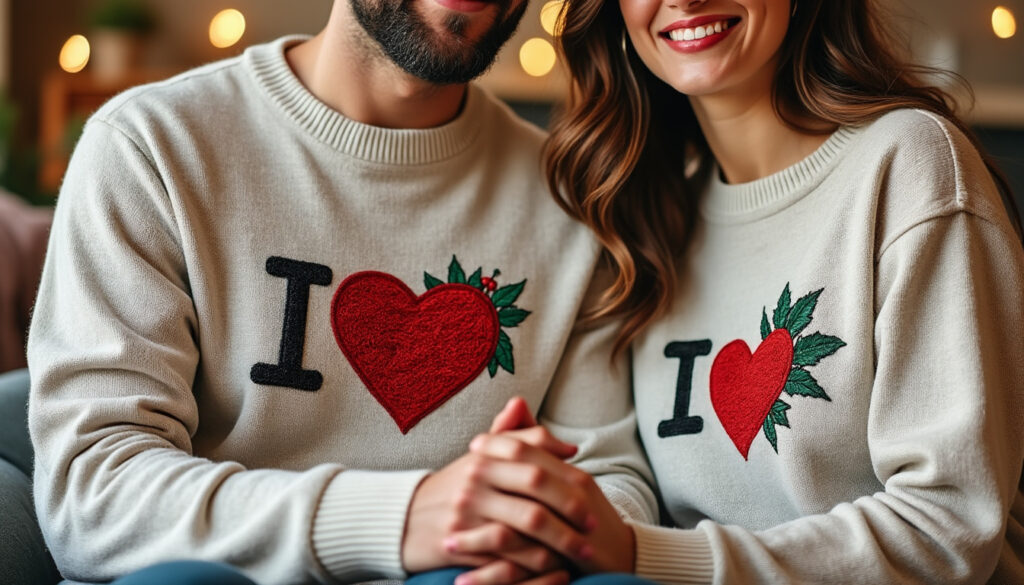 offrez un cadeau unique avec notre pull personnalisé couple, brodé et imprimé avec votre photo préférée pour des souvenirs inoubliables.