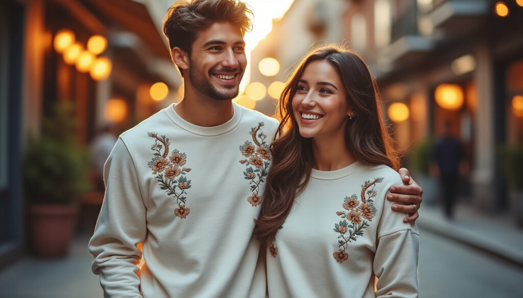 découvrez notre pull personnalisé pour couple, un sweat brodé unique, parfait comme cadeau idéal pour célébrer votre amour avec style et originalité.