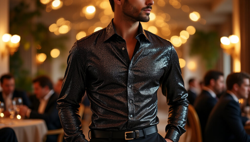 brillez en soirée avec une chemise à paillettes pour homme, élégante et festive, idéale pour les événements, les fêtes et les grandes occasions.